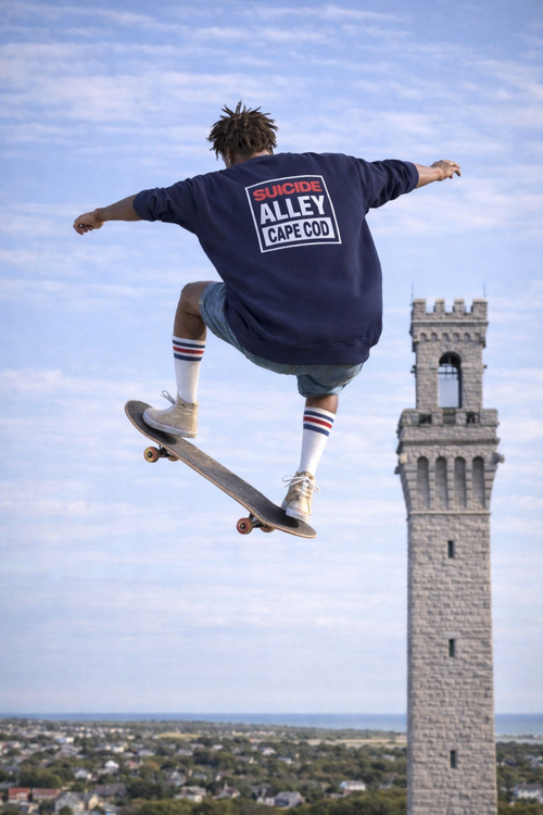 'SUICIDE CAPE COD' Bold Graphic Crewneck Sweatshirt